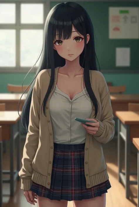 Alone、high school girl、  Im fascinated by my natural body 、 white skin、  natural makeup、 black hair、bangs、 Long Straight Hair 、(Long sleeve cardigan、 white blouse 、  plaid pleated skirt  )、((The upper body is wearing a uniform))、 School Classroom、(Big Brea...