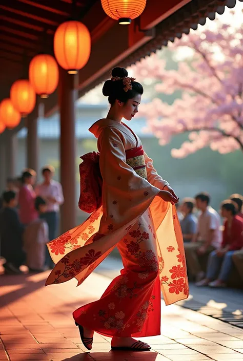  A geisha in an elegant ,  colorful kimono dances gracefully on a traditional stage.  The scene is bathed in soft light ,  and the surrounding area shows paper lanterns ,  cherry blossoms and an audience , that admires her art .