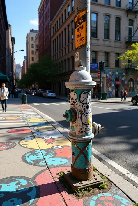 "A street intersection transformed into an open-air gallery. A sidewalk with giant paste-ups showing black and white faces that merge with colorful stencils of urban animals (rats, pigeons, cats) wearing human clothing. A fire hydrant modified to look like...