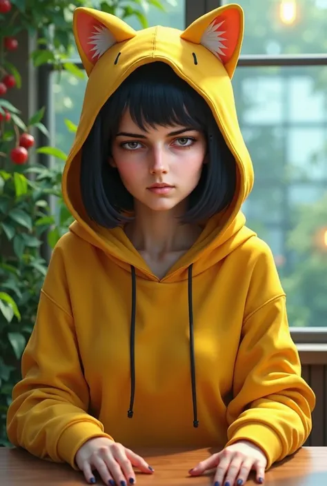 1 girl, beautiful girl, girl with glasses, pale skin, big breasts, high quality, 8k, over-detailed, photorealistic, bright colors,green colors, dynamic lighting, cinematic, artistic style, fantasy, short bob, sitting at a table, flowing, yellow hoodie with...