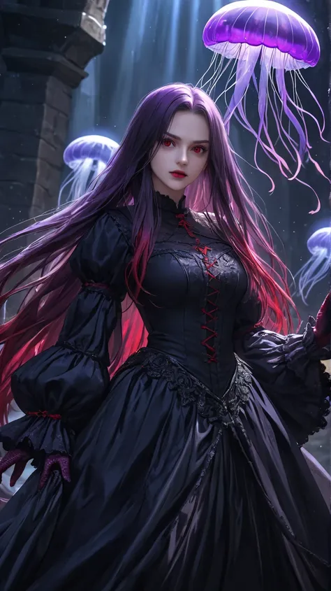 Miss, Jellyfish, (Feudal Middle Ages:1.1), Slavic look , ( purple long straight hair gradient red), ( red eyes ), (Strong expression), Purple lipstick,  Fair Skin , ( black gothic clothes ，with red details:1.1), Scaly hands,  movie lighting , Mysterious at...