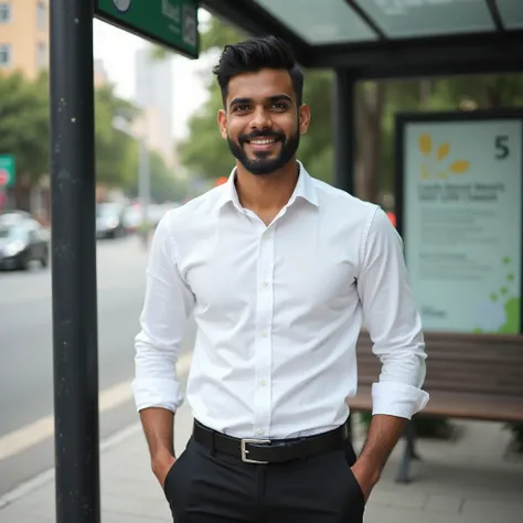 A clear ultra HD image A young man stylish Indian boy with short hair and beard, wearing a white shirt in black pant, smiling 
Background Prompt: "An urban bus stop with a calm and peaceful morning or evening atmosphere, featuring a bench, sign, and quiet ...