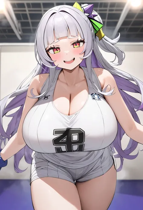 ( best quality, 8k, masterpiece),  girl , young , Idol , 1 person ,  murasaki shion,  hololive , Silver Hair  , Big Breasts ,smile ,  like heaven ,  red cheeks  , Tanimachis emphasis  , A rich variety of skin tones  , ( volleyball uniform:1.2) , ( huge bre...