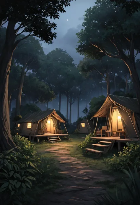 Imagine a camping scenario ,  with large trees surrounding some huts,  making the environment a bit dark ,  with little light among the foliage .