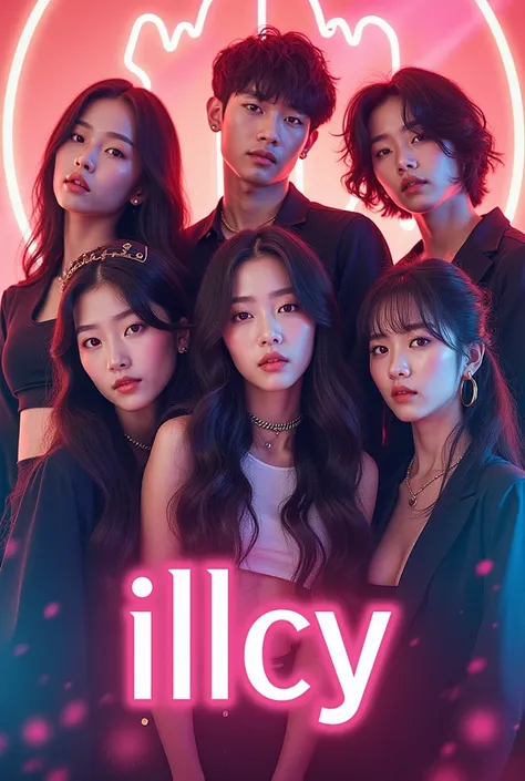 Make me a picture of the female kpop idol group named ILLCY with 5 Koreans and put the name ILLCY clearly and with a real face