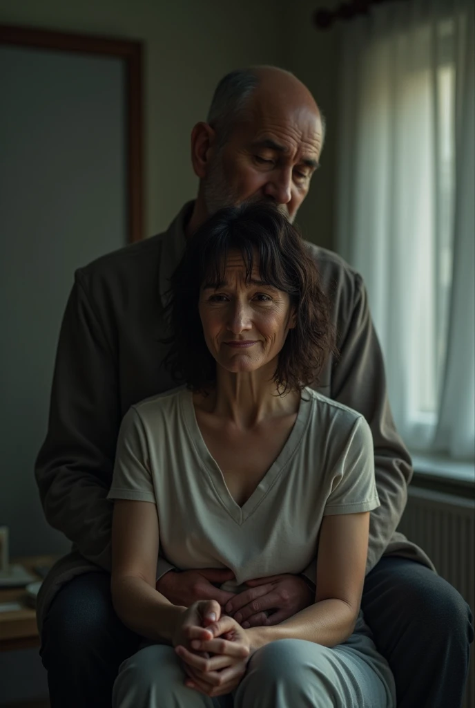 generate a pretty 40 years old sad cheating wife, a realistic woman in the very bright light with her 50 years old sad husband standing behind her on a blurred background