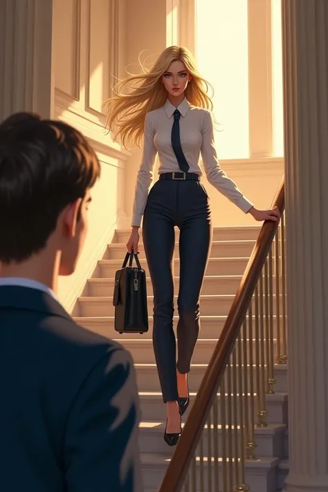  with her briefcase comes down the stairs ,  with blond hair in a white shirt and tie , A beautiful Russian-looking girl .  Below is a young man in a dark blue jacket looking at her in love 