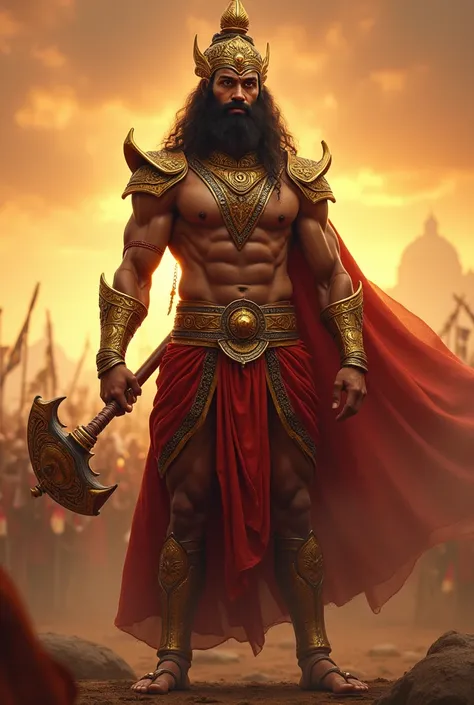 A majestic and powerful depiction of Duryodhana should always have a muscular build, golden armor, a red dhoti, and a crown., the legendary warrior from the Mahabharata. He is shown standing confidently, holding a large, intricately mace with gold and silv...