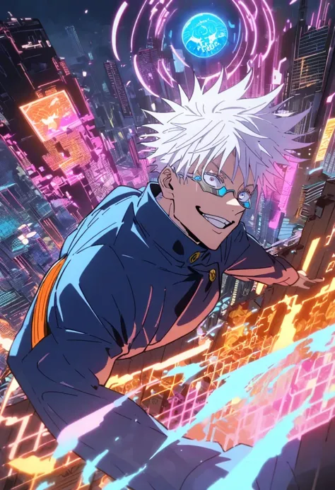 Satoru Gojo from Jujutsu Kaisen, perched on the edge of a neon-lit rooftop in a sprawling cyberpunk city. His spiky white hair glows faintly in the neon lights around him, and he wears his classic black Jujutsu uniform enhanced with subtle neon accents. Hi...