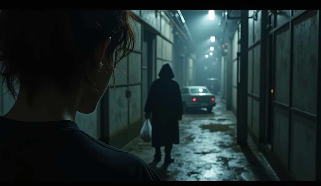 shoulder view of the protogonist who look at a man in a black raincoat and a plastic bag in his hand, stands in a dark alley overlooking the accident site and calls for you