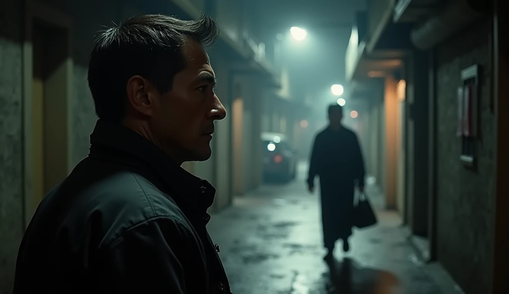 a man in a dark alley observing an accident scene, man in a black raincoat holding a plastic bag, shoulder view of protagonist, dark alley, accident site, detailed facial features, photorealistic, cinematic lighting, dramatic shadows, moody atmosphere, mut...