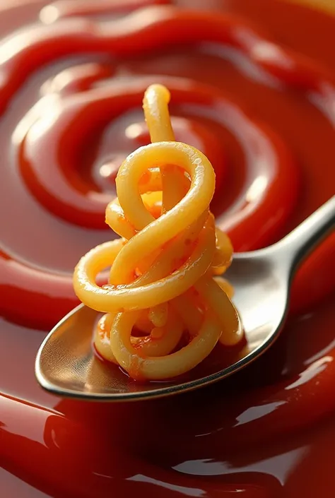 A couple of noodles gracefully performing a salsa dance on a silver spoon, with vibrant swirls of ketchup forming a fiery backdrop