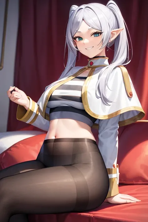 Showing her belly、 widens legs、 provocative smile 、Half an eye、grinning、 pantyhose、White Capelet、 striped shirt