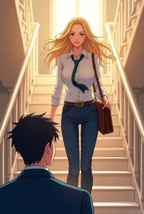  with her briefcase comes down the stairs ,  with blond hair in a white shirt and tie, A beautiful Russian-looking girl .  Below is a young man in a dark blue jacket looking at her in love. Create anime-style  