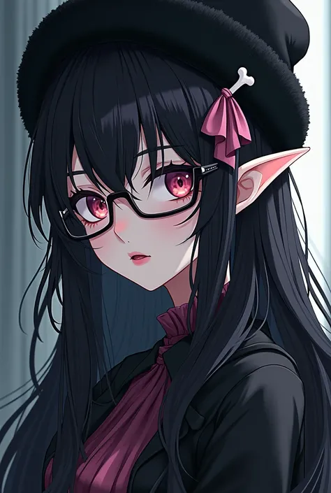 Female anime with long black hair with bangs with a bone ,  small fangs. Elf ears, vampire skin, pink ribbon on the bangs, black glasses with a black ushanka hat