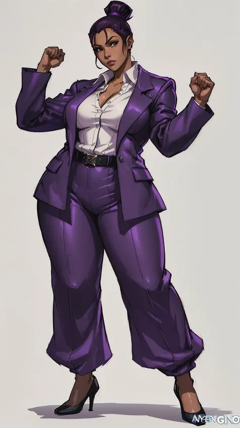 a woman in a purple suit and heels is posing, kate bishop, character from king of fighters, official character art, as a character in tekken, full-body character portrait, full body character portrait, maya fey from ace attorney, character full body portra...