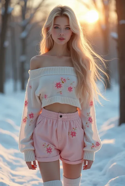 A young woman with long, wavy blonde hair, blue eyes, full pose, relaxed mind, snowy day, evening scene, beautiful girl, forest background. off shoulder, wearing a delicate white short and cropped sweater and short baggy skirt pant, set adorned with pink f...