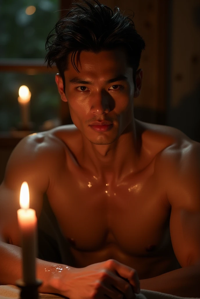 Short hair Muscular Indonesian man naked with lube all over him and candle light ambiance, 