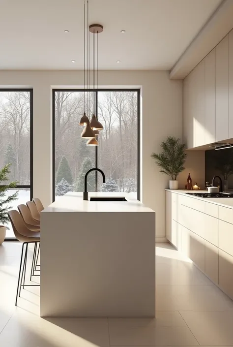  Generate an image of a modern kitchen , minimalist style ,  in beige tones and white quartz top .  With modern lamps and Christmas decorations and ornaments