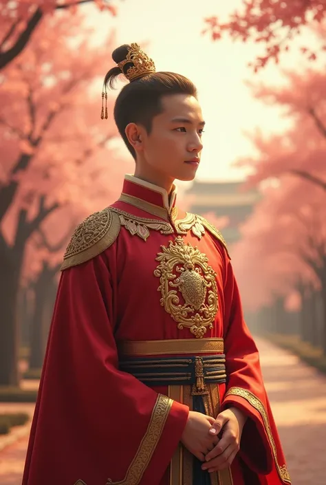  A young crown prince in an elegant ,  traditional court robe with golden accents and a royal coat of arms . He stands in front of the imperial palace ,  framed by gardens with blooming cherry trees . A gentle ,  golden aura surrounds him and symbolizes hi...