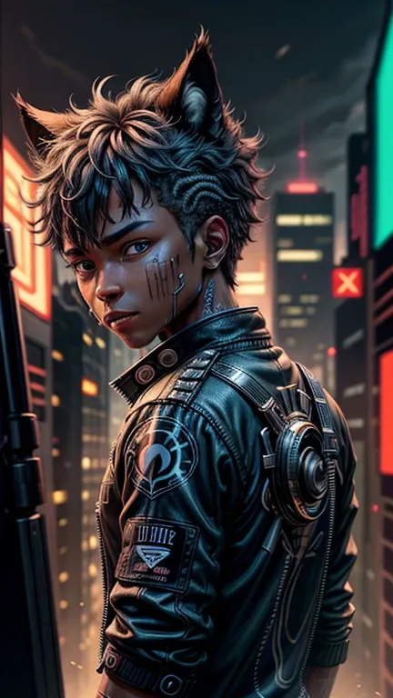  ultra detail,  high definition ,  ultra detailed,  best quality, wonderful,  best quality,  Highly Detailed CG Unity 8K Wallpaper,  cinematic lighting , Cat Fanboy ,  cyberpunk , Black Boy