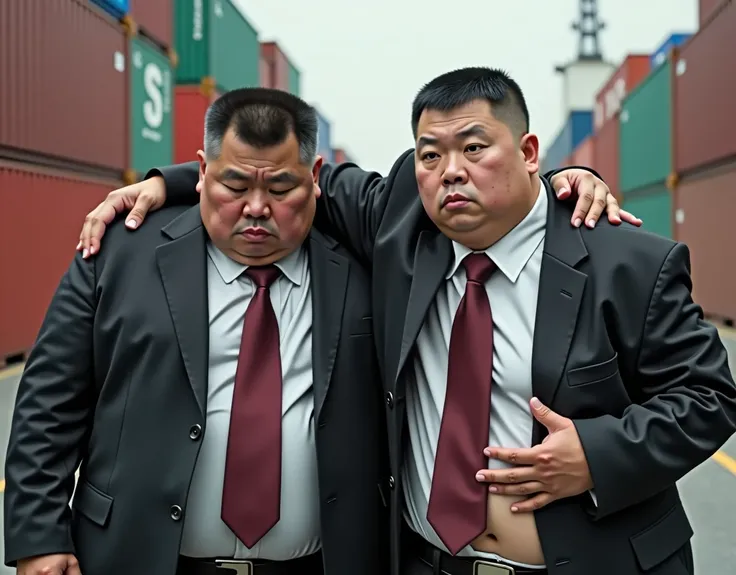  Best Quality,  facial focus,  super high resolution, (Reality:1.4),  RAW Photo ,  two obese young Chinese men in suits，Short hair flat head，Lips tightly closed，Dark Red Ties 、 have a serious expression ， facing the camera，Container Terminal，互相搀扶着 walk， On...