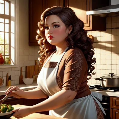 chubby woman, milf, housewife, beautiful detailed eyes, beautiful detailed lips, extremely detailed face and skin, long eyelashes, beautiful curly hair, tight dress, apron, cooking in kitchen, morning light, warm color tones, 8k, high quality, photorealist...