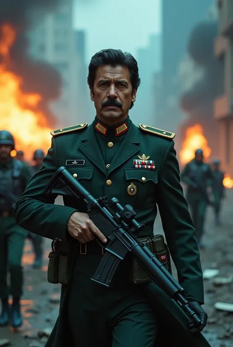 A cinematic, surreal, and intense depiction of the Prime Minister of  pakistan imran khan portrayed as a commanding army general or colonel during a dystopian war. Each leader is featured one at a time, dressed in a beautifully fitted military uniform with...