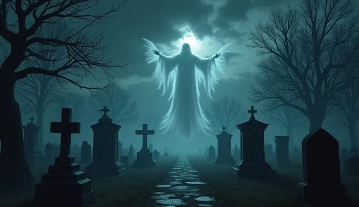 Create a background for the graveyard 、 and make it a landscape、night、 realistic 、Souls are flying over graves