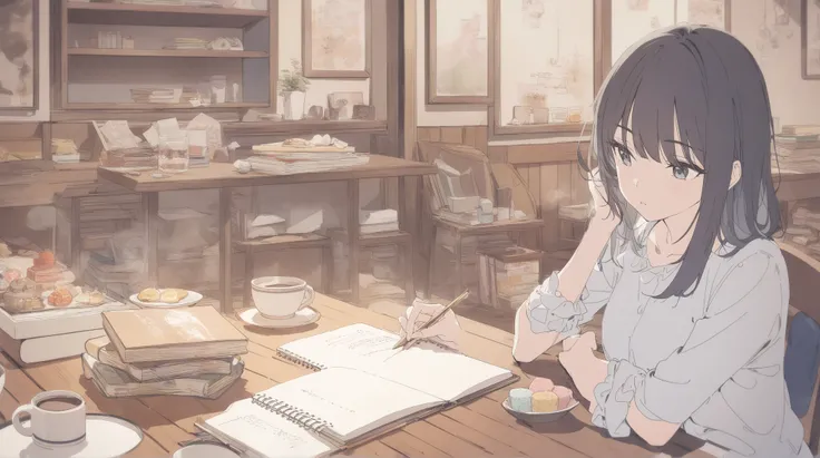 MG
"masterpiece, 最 High Quality ,  very detailed,  High Resolution Background , 8k,  High Quality , Japanese manga style , sketch, Watercolor colors, Cozy cafe,  Stylish Interior ,  dark-haired woman studying ,  notebooks and books spread out on the table、...