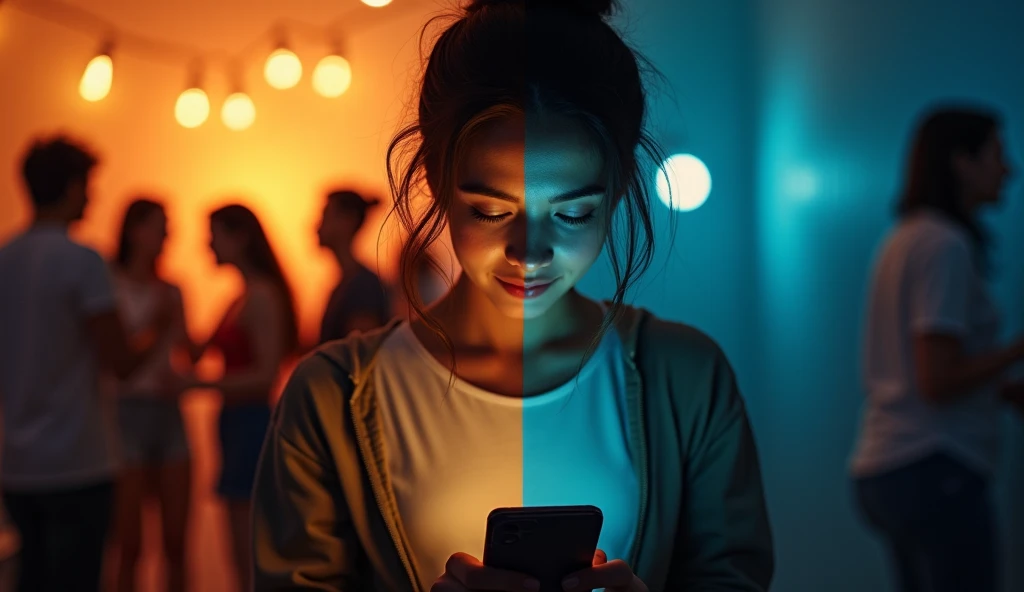 A split-screen image: on one side, a person smiling and engaging with friends in a bright, lively setting, and on the other side, the same person alone in a dark room, looking down at their phone with a detached expression. The lighting contrasts emphasize...