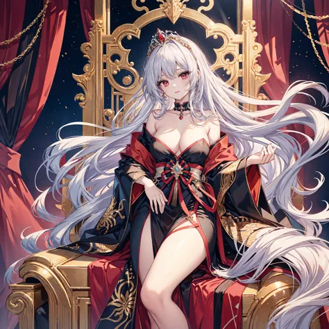 anime-style illustration of a beautiful 23-year-old vampire empress, 160cm tall. Medium flowing silver hair, Sharp red eyes, (eyes highlight), glamorous figure. naked, no wear, choker necklace. Big Gold tiara. Graceful standing pose, gentle smile. Soft lig...