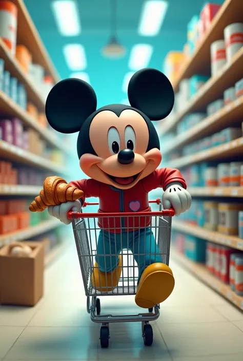 Mickey in his red and blue pajamas, rushing through supermarket aisles to fill a cart with tissues and toilet paper, holding a croissant in one hand."