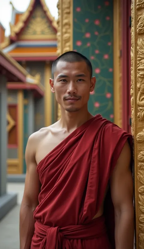 Asian Monk 25 year old, handsome, muscle, background thai temple , portrait masterpiece ,  high resolution ,  realistic textures, little smile 