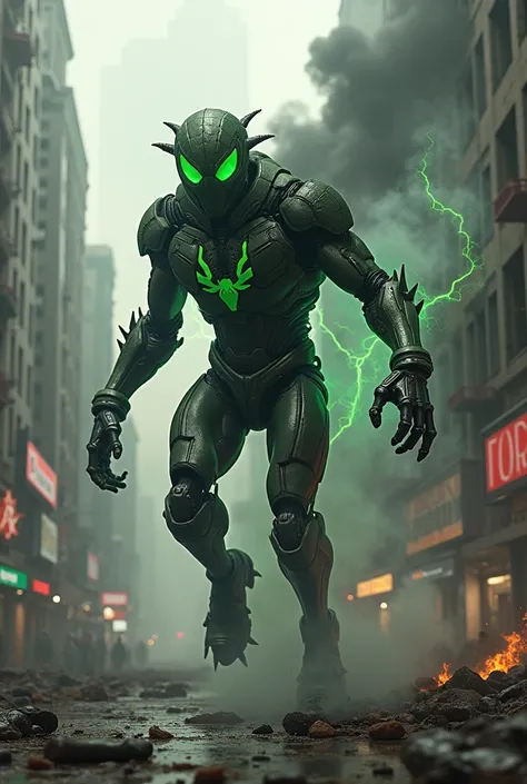 Hybrid Creature mix of Marvel spider man and Marvel green Goblin with robotic suit in distroid City and black smoke shooting webs 