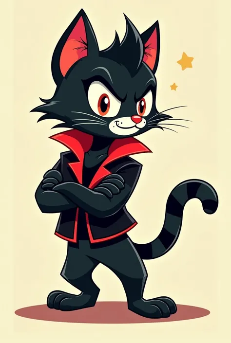  Create Cartoon art ,  a rockabilly-style black cat, com topete pompadour, wearing black jacket, with red collars , With the name spelled Rebel Cat Games 