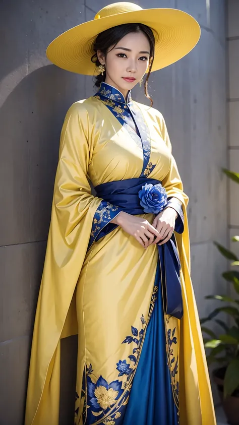 a woman in a yellow dress and hat standing in front of a wall with blue flowers, a photo inspired by Pan Yuliang, trending on cg society, aestheticism, fine art fashion photography, jingna zhang, fine art fashion magazine style, in style of tim walker, chi...