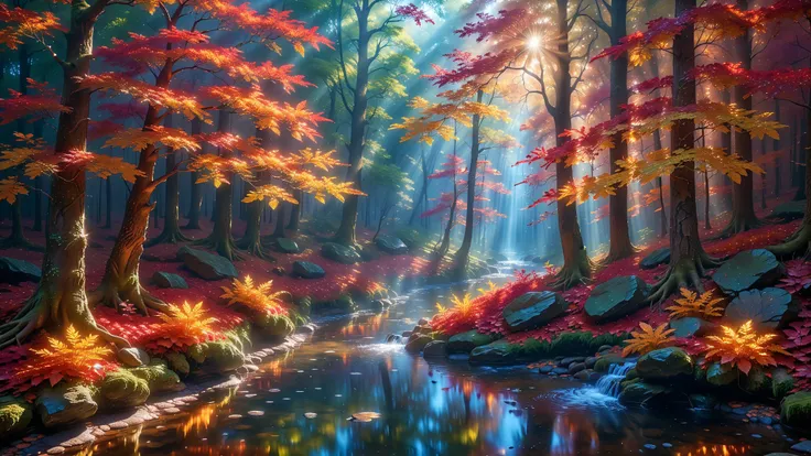 A Masterfully Designed 32K Ultra-HD Wallpaper Showcasing A Breathtaking Autumn Forest In Its Full Radiance. The Forest Floor Is A Dazzling Mosaic Of Golden And Crimson Leaves, Creating A Rich, Textured Tapestry. Towering Trees, Cloaked In Vivid Fiery Hues,...