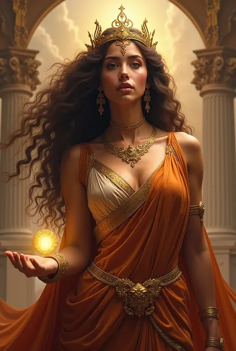 Goddess Hera with curly hair and a center in her hand with a majestic personality wearing lush clothing 
