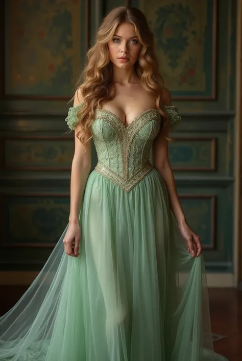 A thirty-four-year-old Ukrainian woman is very beautiful and very attractive with white skin, wide and big blue eyes, long dark gold hair, a curvy body and full breasts wearing a long light green dress from the Victorian era 