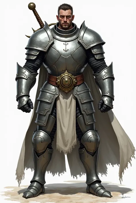 One man,  reference paper ,  matching clothes , ( fictional character design , before, behind, to the side, butt) طويل وstrong البنية, strong, majestic. silver armor. Green eyes. short, Dark brown hair .  wearing heavy armor ,  covered body . large sword s...