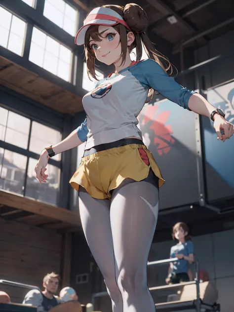 ((  Masterpiece , best quality)),  absurd,  ro1, Hair Bun,  blue eyes,  twin tails,  Visor Cap ,  pantyhose,  raglan sleeve, Yellow shorts,  shirt,  Pink Ribbons ,  watch ,
 Alone, smile,  look at the viewers,  cowboy shooting,  Cinematic Composition,  dyn...