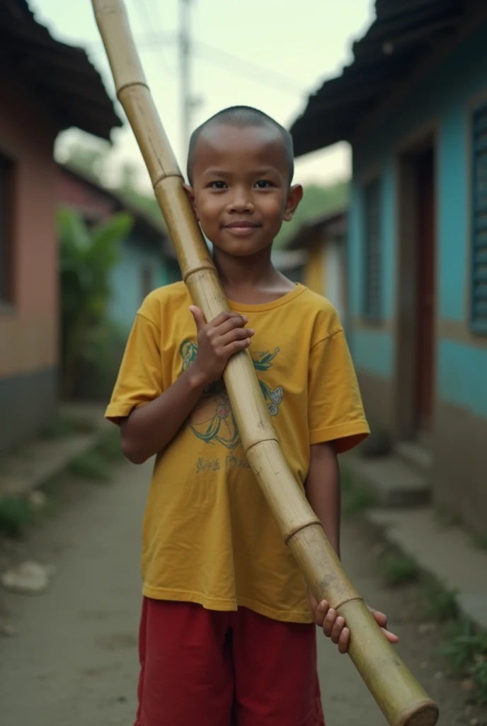 Very realistic,Indonesian boy, ,Wearing a yellow short-sleeved shirt,Wearing red 3/4 pants,Front view, zoom camera,Bald head,background of Page houses in a simple small alley typical of Indonesia,The atmosphere towards evening,Very realistic, finest detail...