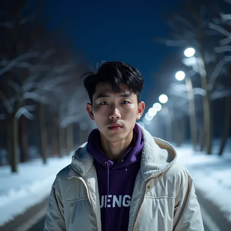 Night Snowy Mountaini night with borares on  a street road , while lighten the road with a tree on sides  from biggest to smallest.
The young korean man wearing a white jacket over a dark violet shirt with the word “JENGSO ” is visible.
In portrait capture...