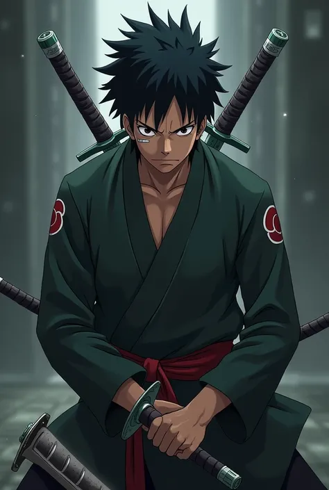 Roromoa zoro in sasuke  cosplay 
Three sword and one eye cut and short hair