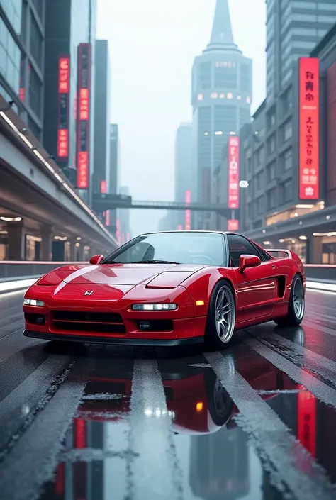 An ultra realistic photo of a red 1990 Honda NSX with headlights that go up and down with white LEDs with magnetic wheels on a magnetic road in Japan in 2300, perspecitva frontal e lateral