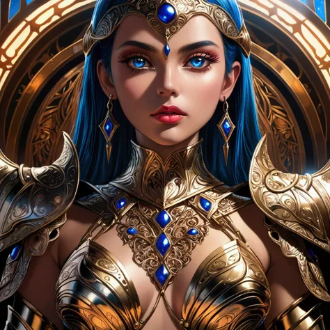 A beautiful young woman in a detailed metalic bikini, hyperrealistic, extremely detailed face, piercing eyes, glossy lips, long eyelashes, intricate armor design, shiny metal textures, dramatic lighting, cinematic composition, vibrant colors, fantasy, digi...