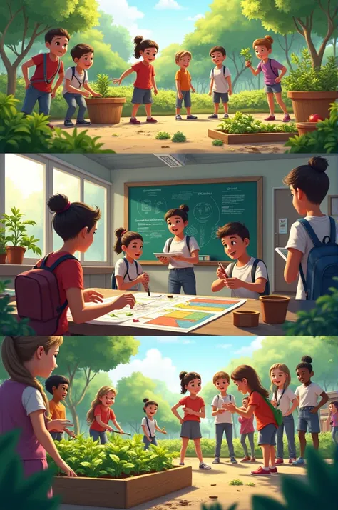  Create an image of each scene for an explanatory video about the school garden of science and project-based learning numbers.

### ** SCENE 1 : Introduction**
** Description for AI :**  
 A view overview of a school space transformed into a vibrant and vi...