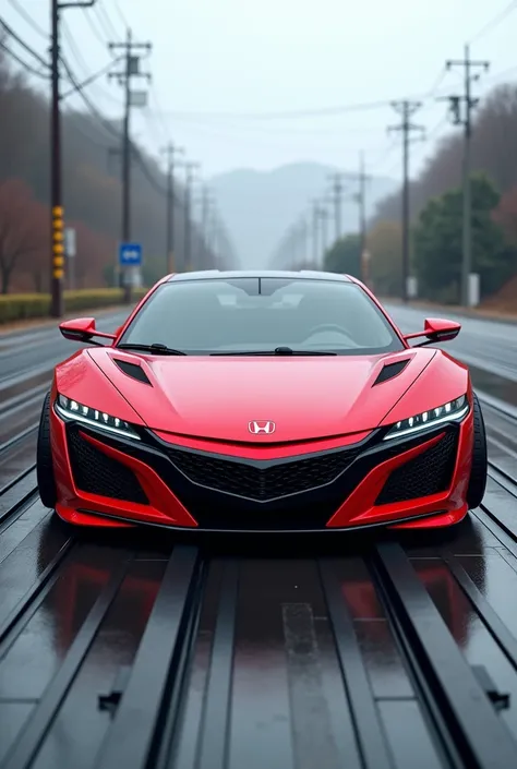 an ultra realistic photo of a red Honda NSX with headlights that go up and down with white LEDs with magnetic wheels on a magnetic road in Japan in 2300, perspecitva frontal e lateral