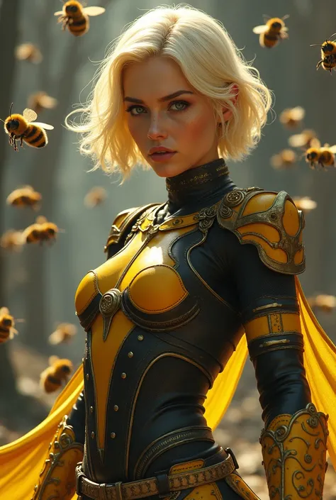 (photorealism:1.2), beautiful woman, blonde with bob cut, warrior dressed in black and yellow suit with bees around her 4x4 whole body with weapon in her hands
